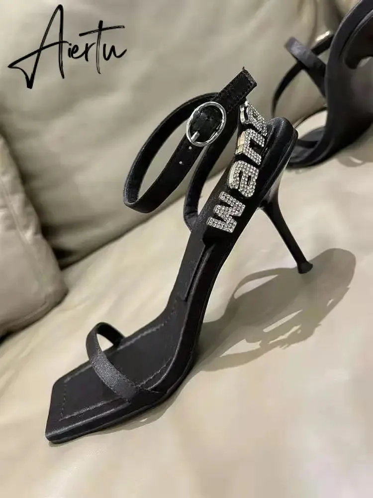 Style Square Toe Women Sandals Crystal Letters Decorative Women High Heels Sexy Shoes Women's Banquet Wedding Shoes Women
