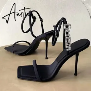 Style Square Toe Women Sandals Crystal Letters Decorative Women High Heels Sexy Shoes Women's Banquet Wedding Shoes Women