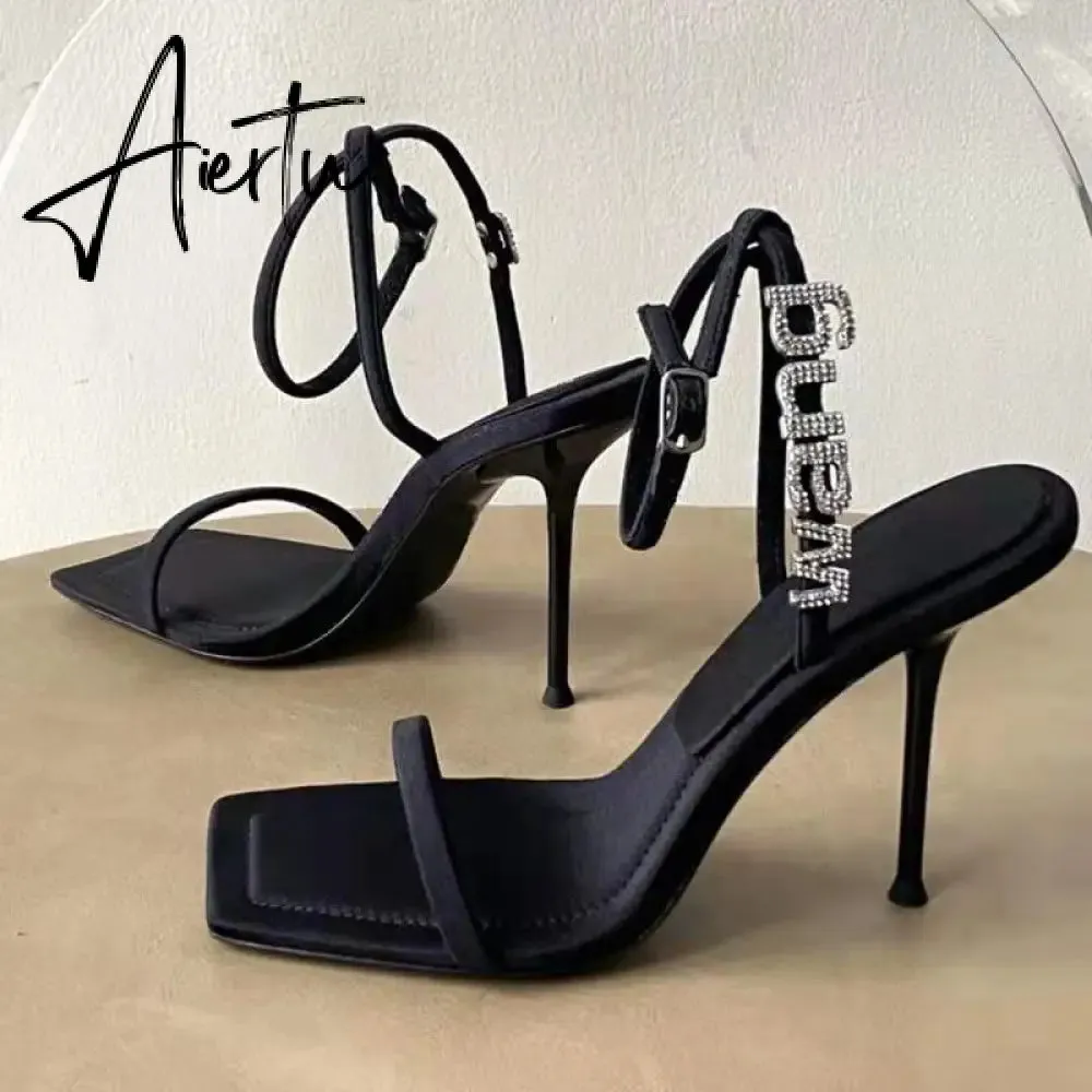 Style Square Toe Women Sandals Crystal Letters Decorative Women High Heels Sexy Shoes Women's Banquet Wedding Shoes Women