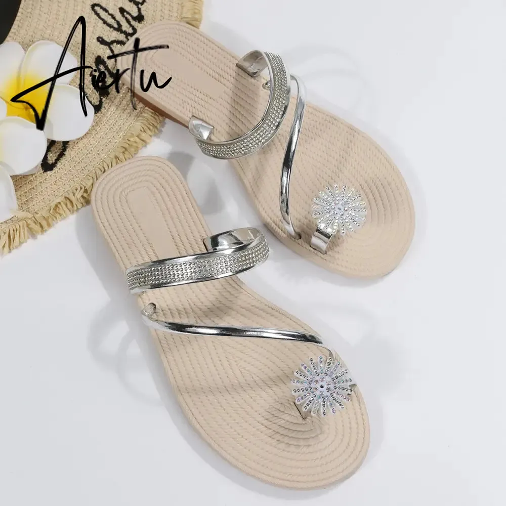 Summer Beach Slippers Women Pearl Set Toe Elastic Sandals Flat Strap Casual Home Sandals Slippers Beach Slippers Zapatos Mujer