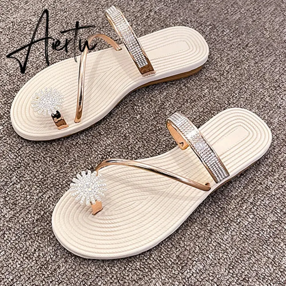 Summer Beach Slippers Women Pearl Set Toe Elastic Sandals Flat Strap Casual Home Sandals Slippers Beach Slippers Zapatos Mujer