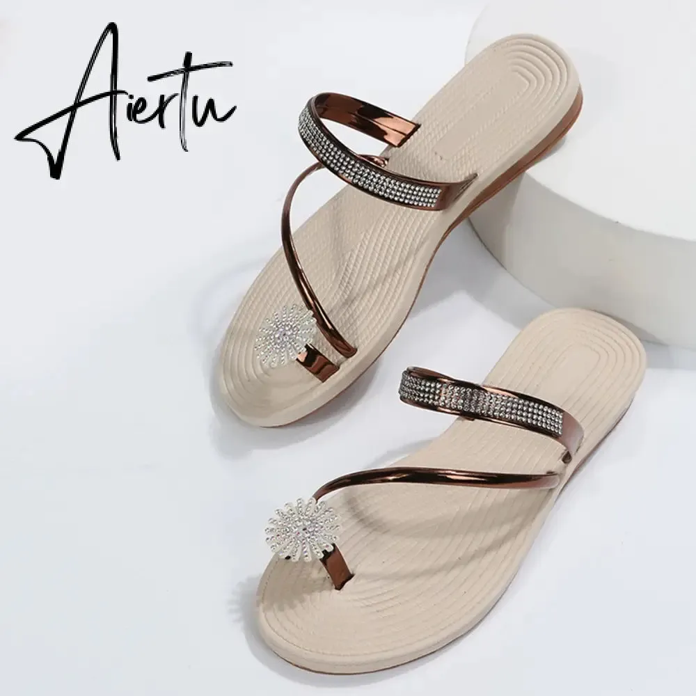 Summer Beach Slippers Women Pearl Set Toe Elastic Sandals Flat Strap Casual Home Sandals Slippers Beach Slippers Zapatos Mujer