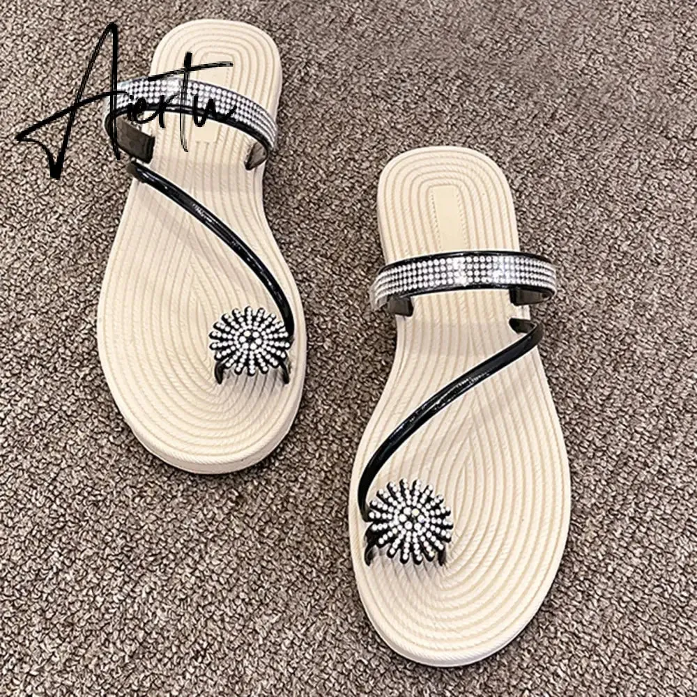 Summer Beach Slippers Women Pearl Set Toe Elastic Sandals Flat Strap Casual Home Sandals Slippers Beach Slippers Zapatos Mujer