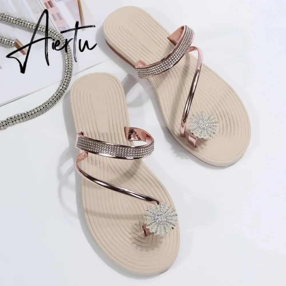 Summer Beach Slippers Women Pearl Set Toe Elastic Sandals Flat Strap Casual Home Sandals Slippers Beach Slippers Zapatos Mujer
