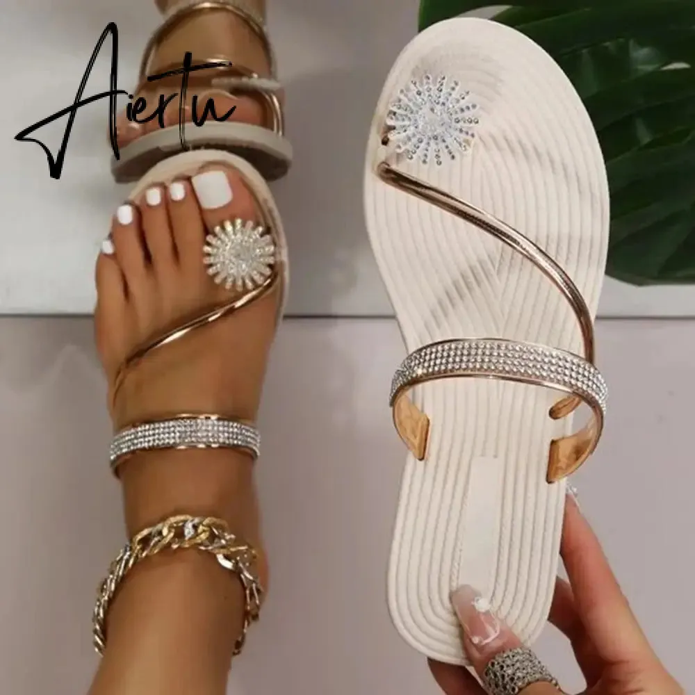 Summer Beach Slippers Women Pearl Set Toe Elastic Sandals Flat Strap Casual Home Sandals Slippers Beach Slippers Zapatos Mujer