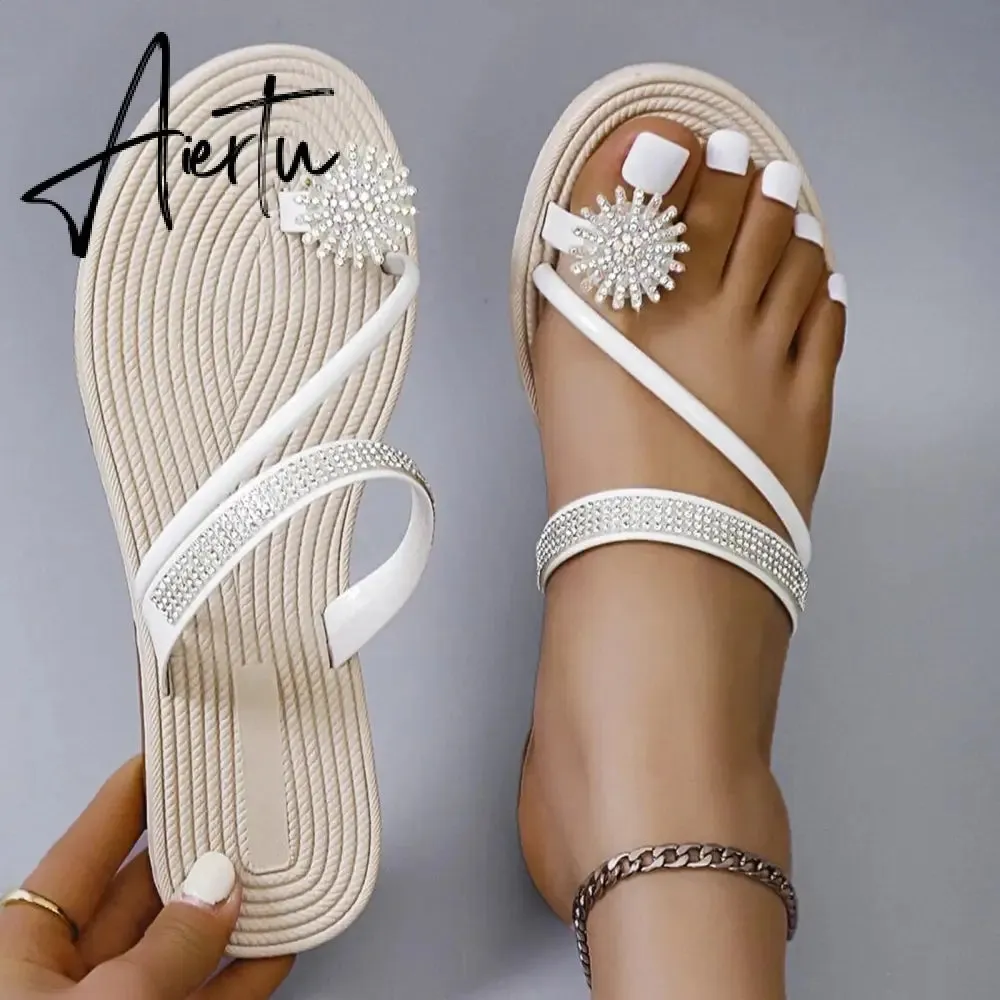 Summer Beach Slippers Women Pearl Set Toe Elastic Sandals Flat Strap Casual Home Sandals Slippers Beach Slippers Zapatos Mujer