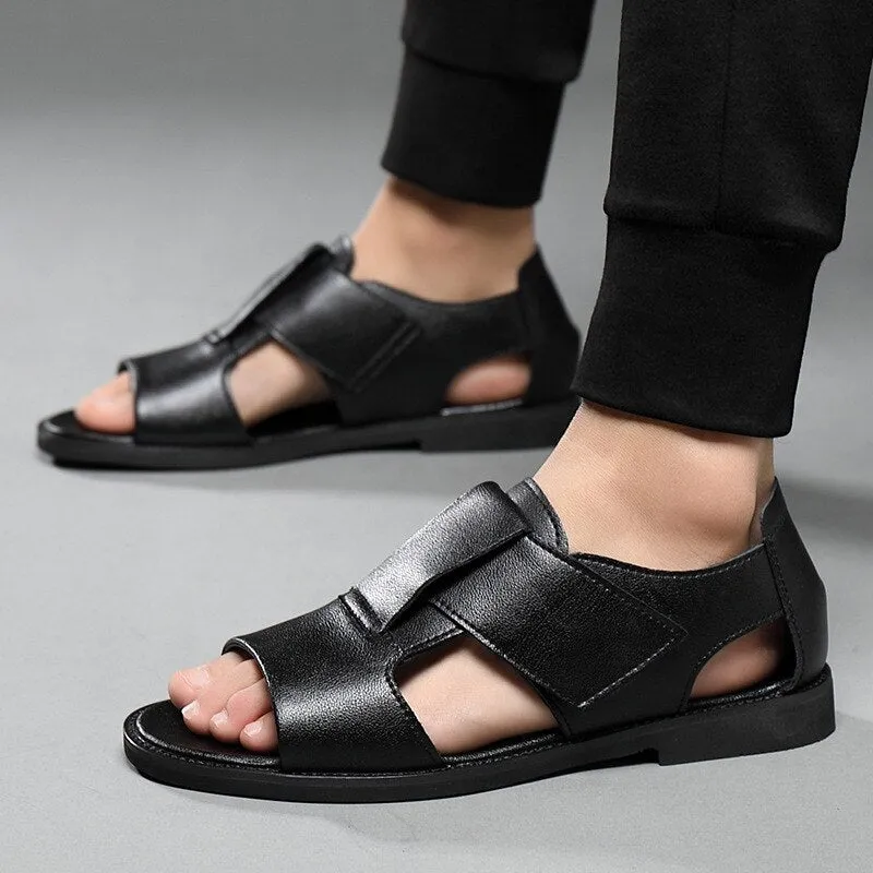 Summer Men Sandals High Qualit Leather Casual Shoes Men Breathable Beach Shoes Outdoor Slippers Black Brown Big Size Men Shoes
