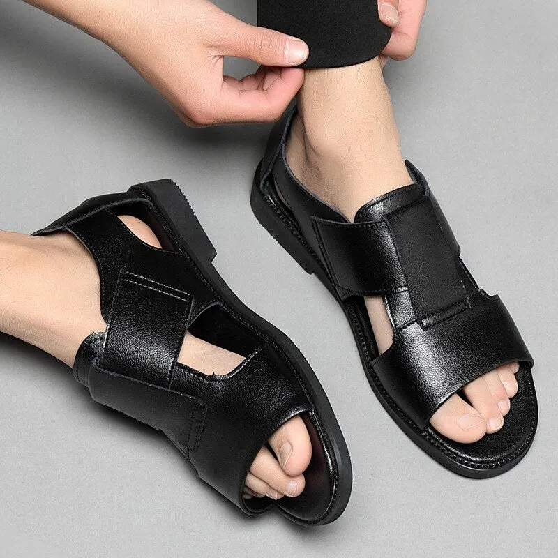 Summer Men Sandals High Qualit Leather Casual Shoes Men Breathable Beach Shoes Outdoor Slippers Black Brown Big Size Men Shoes