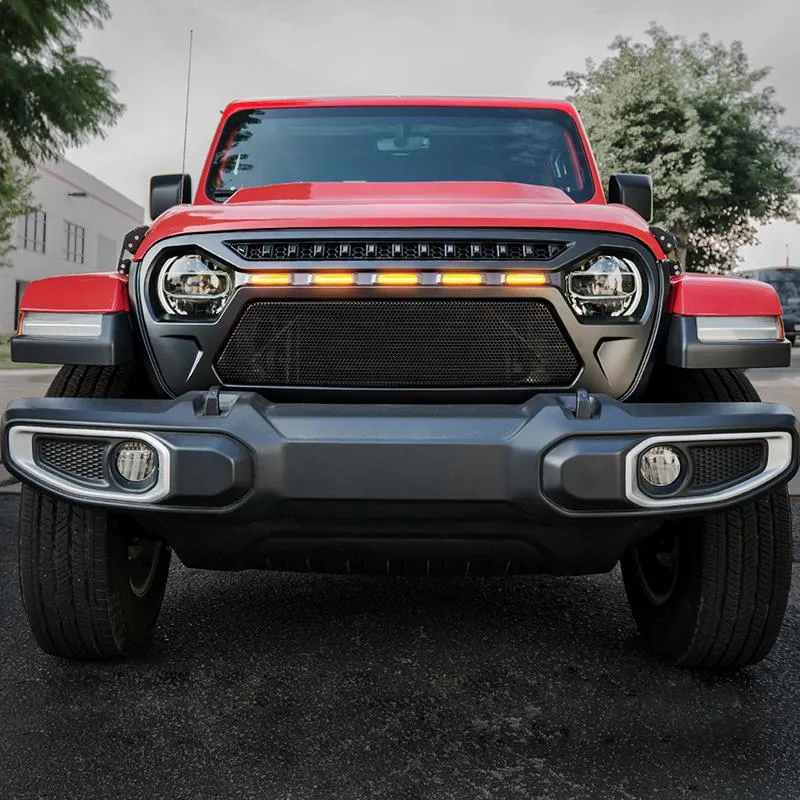 USA ONLY Black Gladiator Mesh Grille with Amber LED Running Lights for 2018-Later Jeep Wrangler JL and Gladiator JT