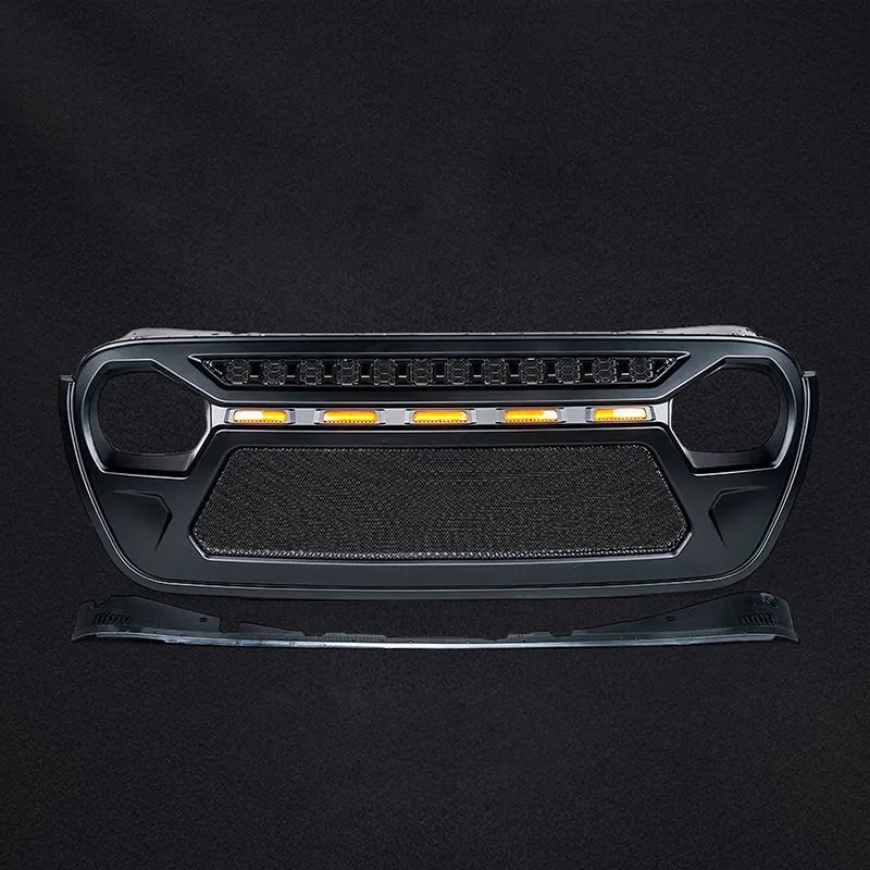 USA ONLY Black Gladiator Mesh Grille with Amber LED Running Lights for 2018-Later Jeep Wrangler JL and Gladiator JT