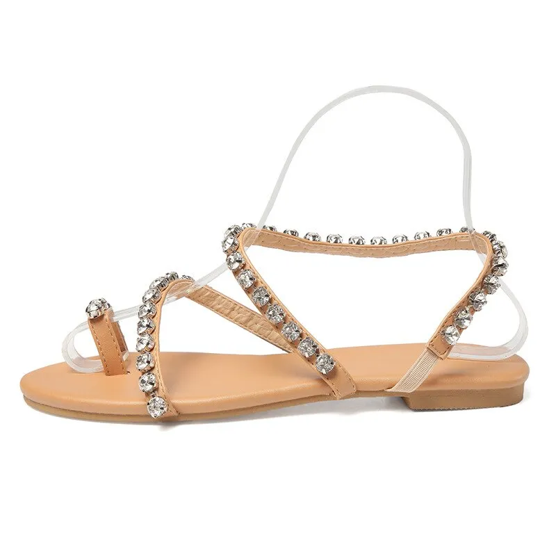 Women Fashion Sandals Ladies Summer Casual Crystal Gladiator Beach Shoe Flat Roman Pearl Rhinestones Sandals Zapatillas De Mujer