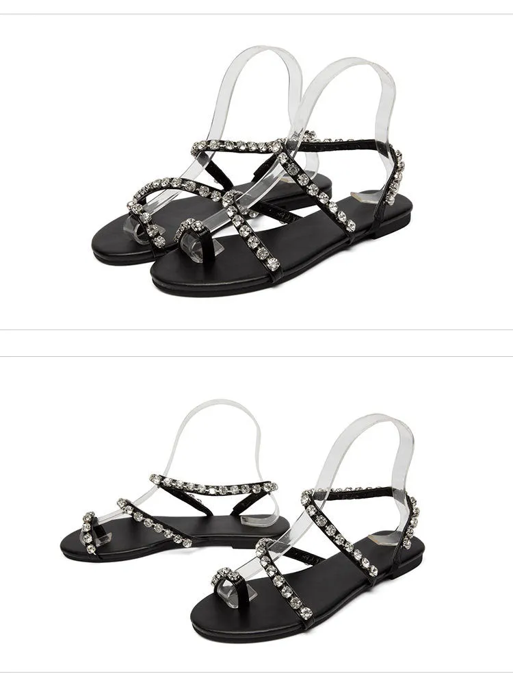Women Fashion Sandals Ladies Summer Casual Crystal Gladiator Beach Shoe Flat Roman Pearl Rhinestones Sandals Zapatillas De Mujer