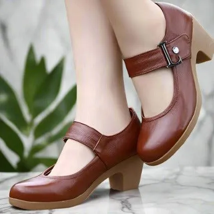 Women's Casual Shoes Brown Leather Pumps Round Toe Shallow GRCL0325