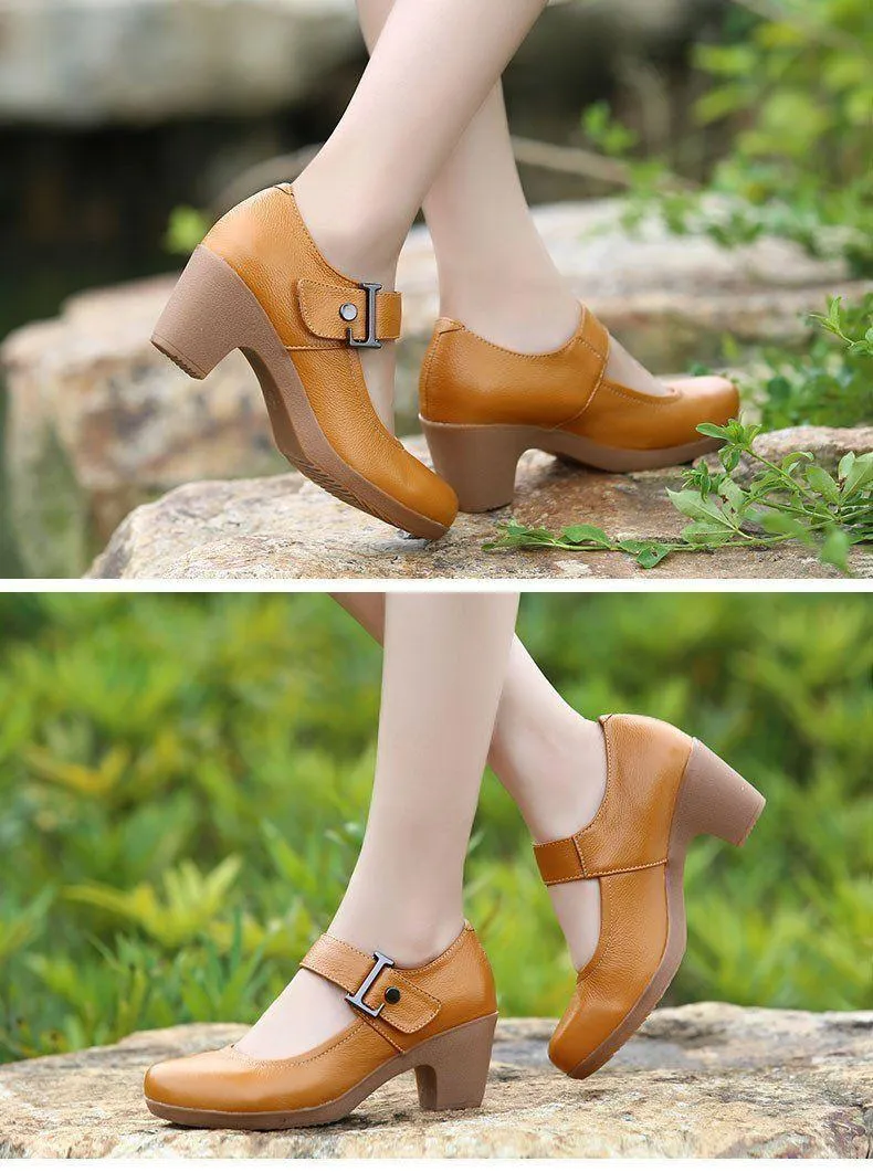 Women's Casual Shoes Brown Leather Pumps Round Toe Shallow GRCL0325