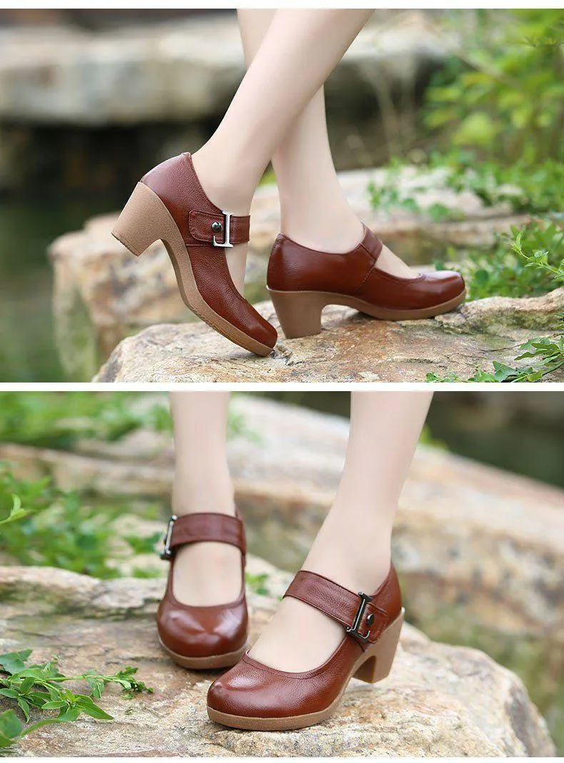 Women's Casual Shoes Brown Leather Pumps Round Toe Shallow GRCL0325