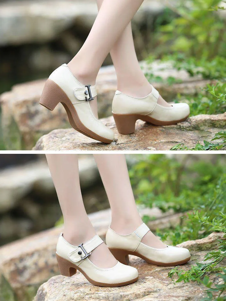 Women's Casual Shoes Brown Leather Pumps Round Toe Shallow GRCL0325