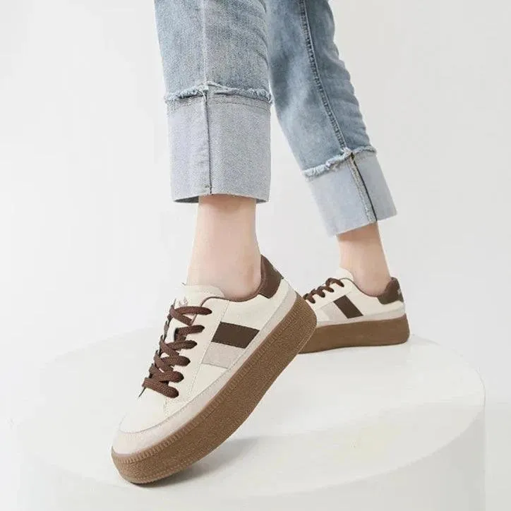 Women's Casual Shoes - Leather Patchwork Sneakers - W23B94