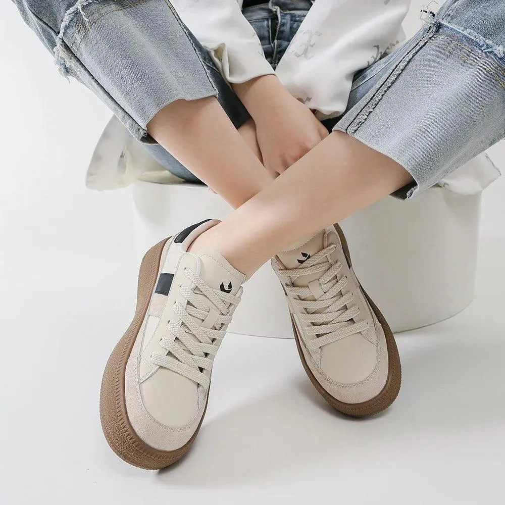 Women's Casual Shoes - Leather Patchwork Sneakers - W23B94