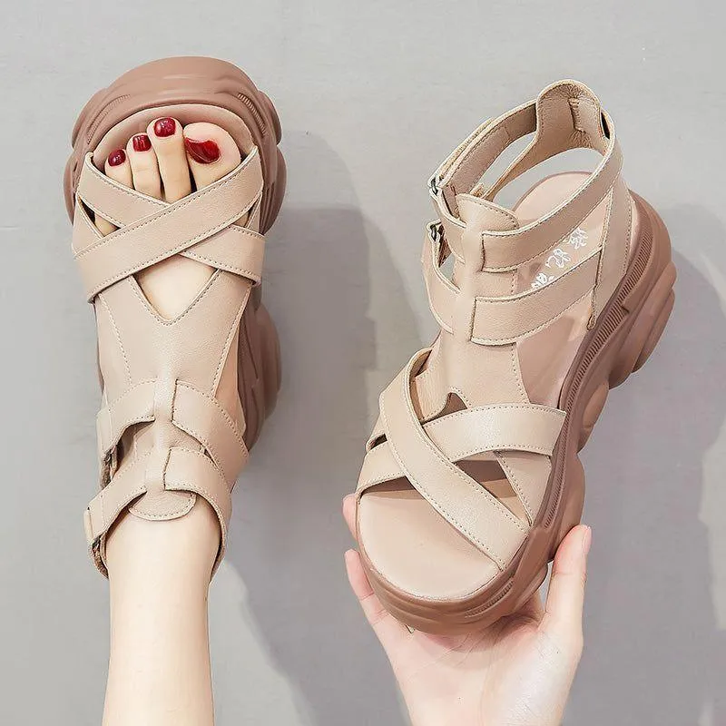 Women's Casual Shoes - Leather Wedges Roman Sandals GRCL0221