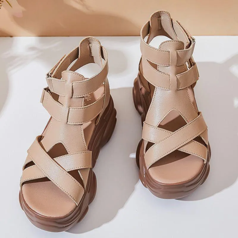 Women's Casual Shoes - Leather Wedges Roman Sandals GRCL0221