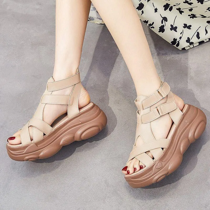 Women's Casual Shoes - Leather Wedges Roman Sandals GRCL0221
