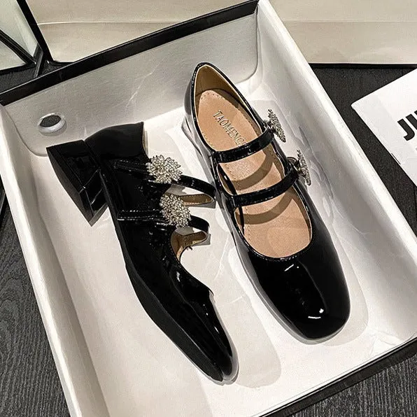 Women's Patent Leather Rhinestone Flower Buckle Mary Janes Shoes