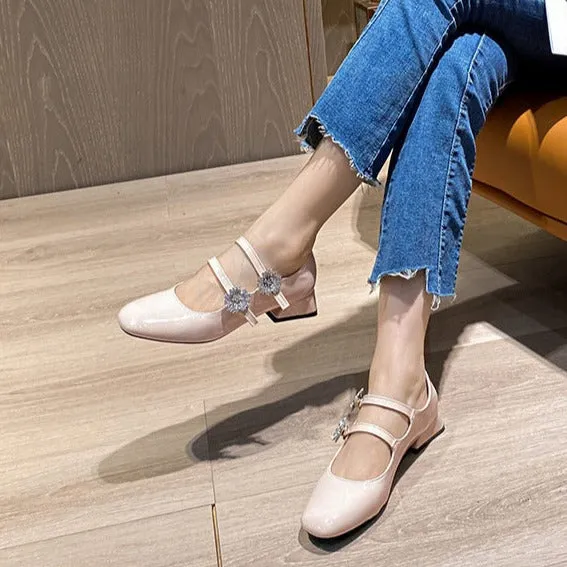Women's Patent Leather Rhinestone Flower Buckle Mary Janes Shoes