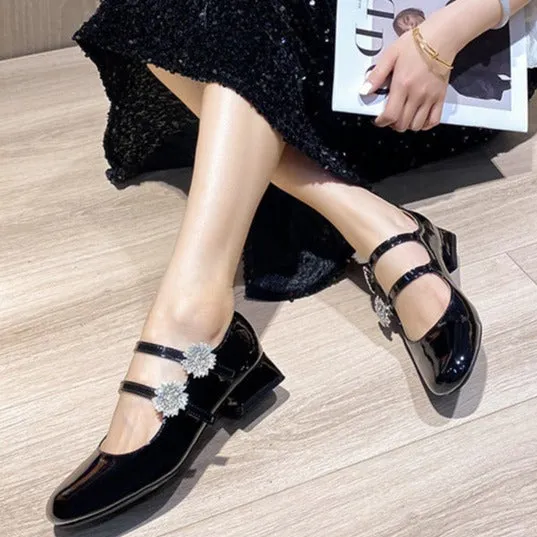 Women's Patent Leather Rhinestone Flower Buckle Mary Janes Shoes