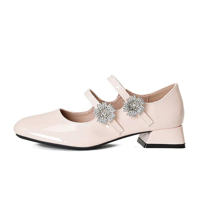 Women's Patent Leather Rhinestone Flower Buckle Mary Janes Shoes