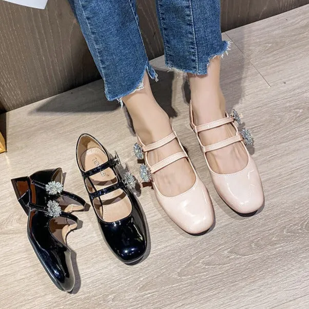 Women's Patent Leather Rhinestone Flower Buckle Mary Janes Shoes