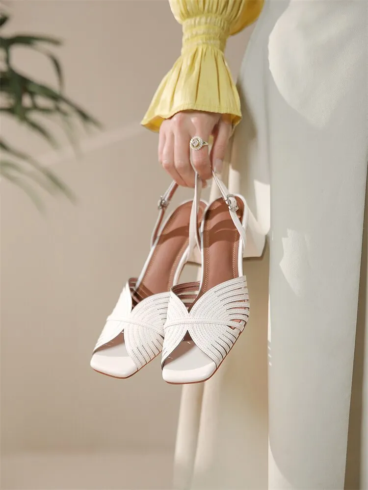 xiangtuibao NEW Summer Women Shoes Square Toe Thin Heel Women Sandals Cow Leather High Heels Solid Party Shoes Lattice Cloth Shoes for Women