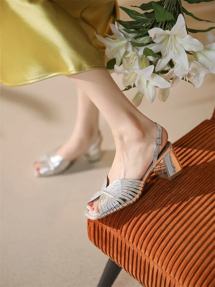 xiangtuibao NEW Summer Women Shoes Square Toe Thin Heel Women Sandals Cow Leather High Heels Solid Party Shoes Lattice Cloth Shoes for Women