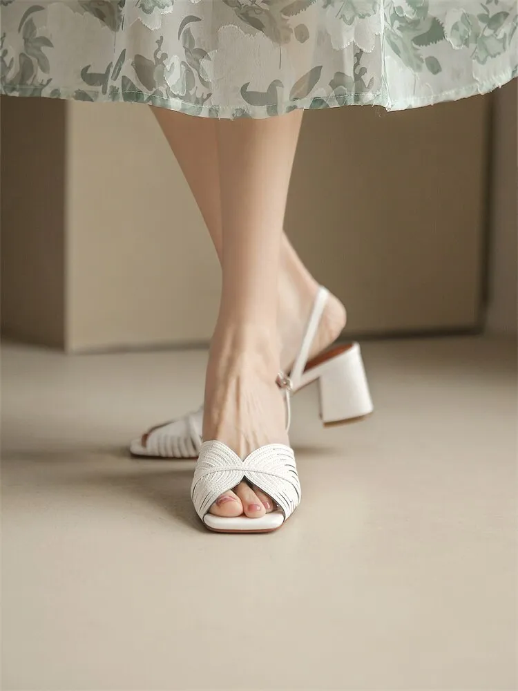xiangtuibao NEW Summer Women Shoes Square Toe Thin Heel Women Sandals Cow Leather High Heels Solid Party Shoes Lattice Cloth Shoes for Women