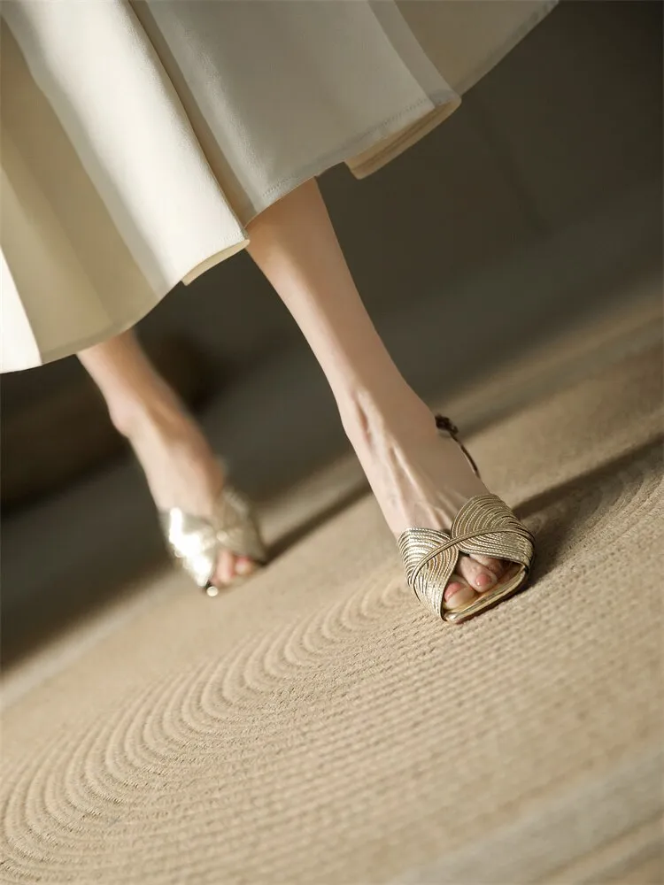 xiangtuibao NEW Summer Women Shoes Square Toe Thin Heel Women Sandals Cow Leather High Heels Solid Party Shoes Lattice Cloth Shoes for Women