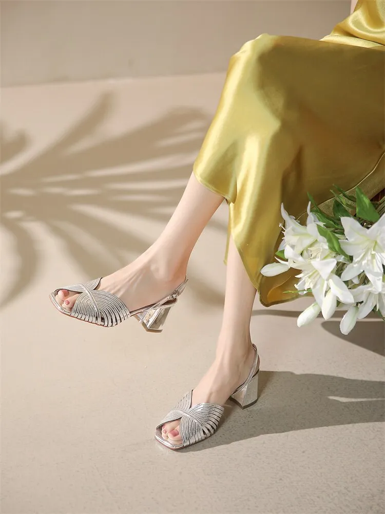 xiangtuibao NEW Summer Women Shoes Square Toe Thin Heel Women Sandals Cow Leather High Heels Solid Party Shoes Lattice Cloth Shoes for Women