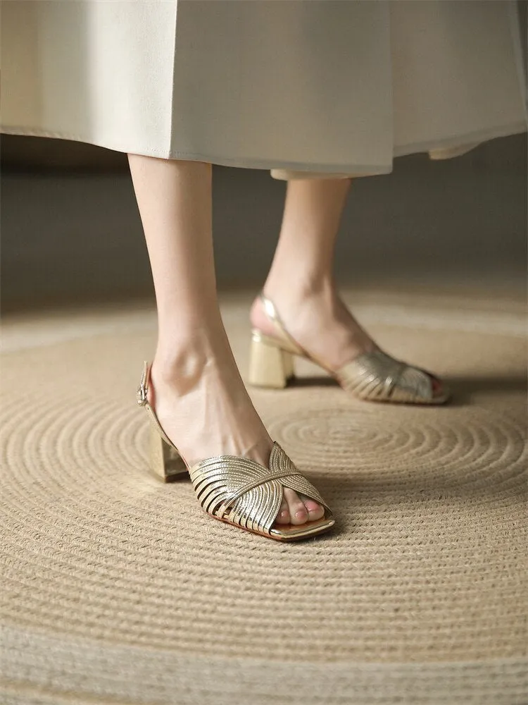 xiangtuibao NEW Summer Women Shoes Square Toe Thin Heel Women Sandals Cow Leather High Heels Solid Party Shoes Lattice Cloth Shoes for Women