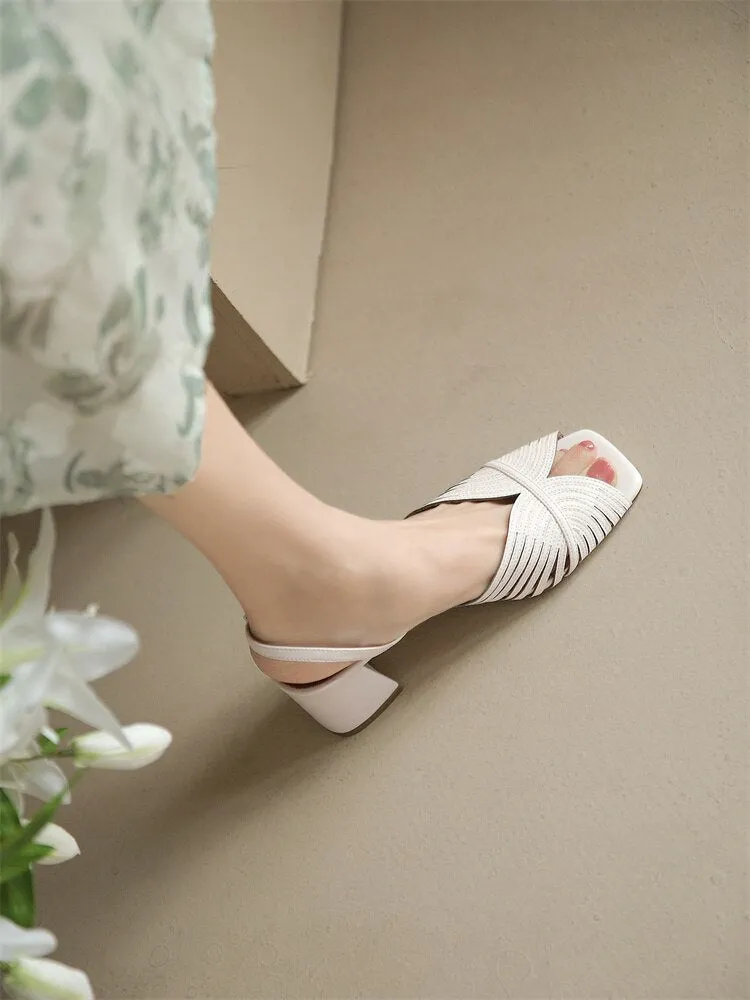 xiangtuibao NEW Summer Women Shoes Square Toe Thin Heel Women Sandals Cow Leather High Heels Solid Party Shoes Lattice Cloth Shoes for Women