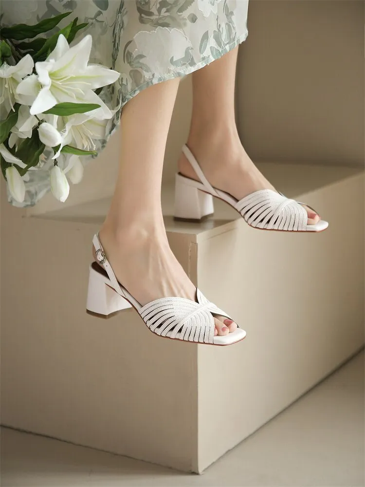 xiangtuibao NEW Summer Women Shoes Square Toe Thin Heel Women Sandals Cow Leather High Heels Solid Party Shoes Lattice Cloth Shoes for Women
