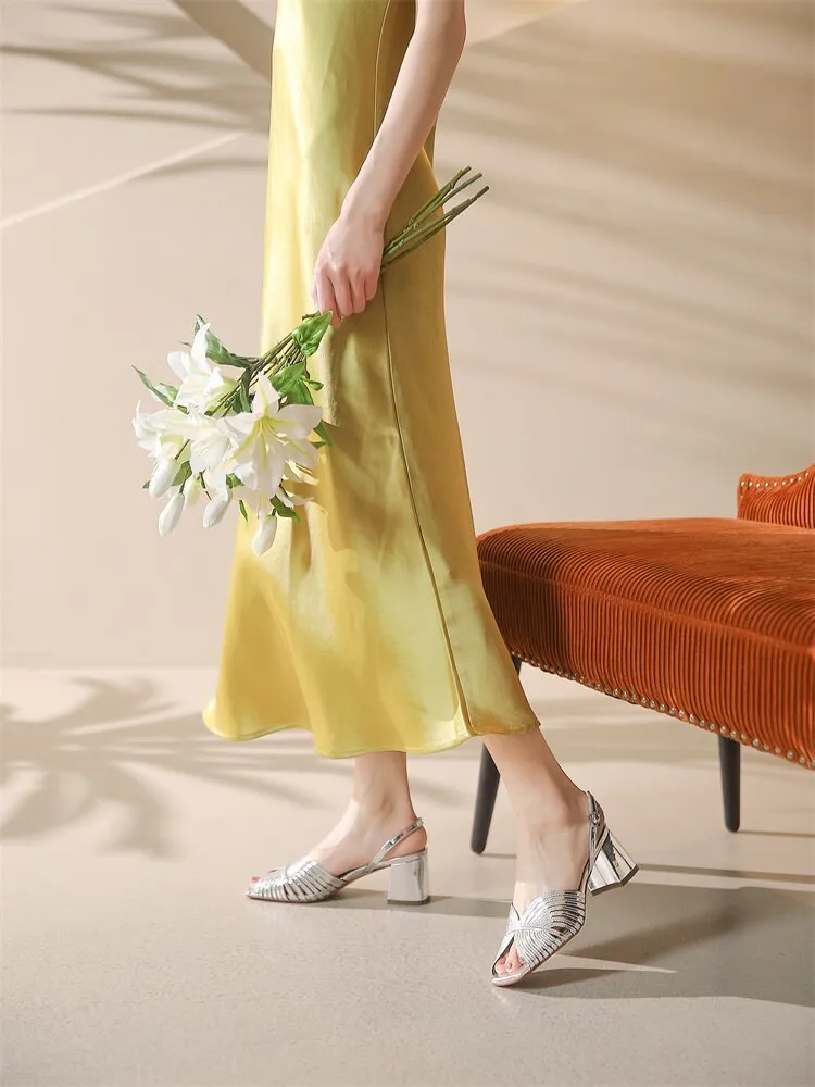 xiangtuibao NEW Summer Women Shoes Square Toe Thin Heel Women Sandals Cow Leather High Heels Solid Party Shoes Lattice Cloth Shoes for Women