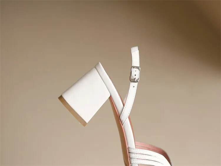 xiangtuibao NEW Summer Women Shoes Square Toe Thin Heel Women Sandals Cow Leather High Heels Solid Party Shoes Lattice Cloth Shoes for Women
