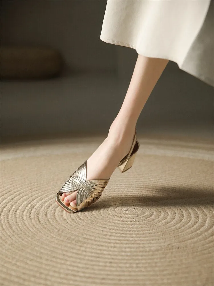 xiangtuibao NEW Summer Women Shoes Square Toe Thin Heel Women Sandals Cow Leather High Heels Solid Party Shoes Lattice Cloth Shoes for Women