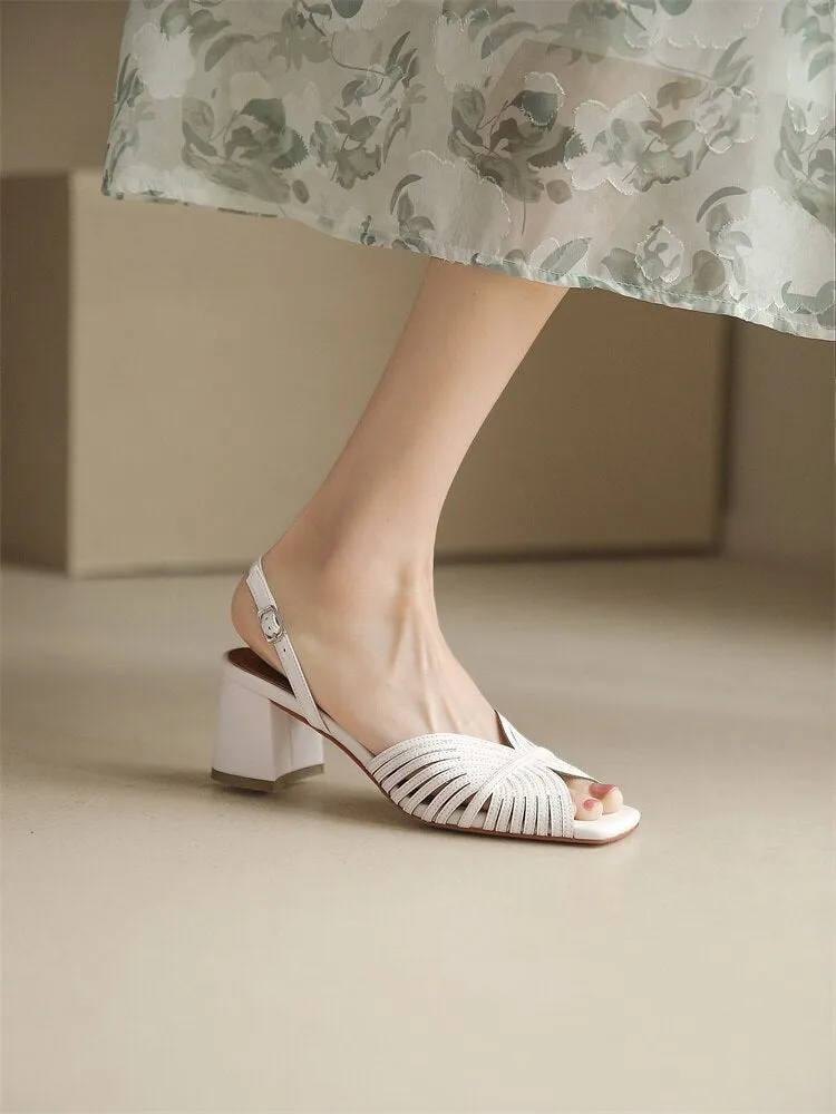 xiangtuibao NEW Summer Women Shoes Square Toe Thin Heel Women Sandals Cow Leather High Heels Solid Party Shoes Lattice Cloth Shoes for Women