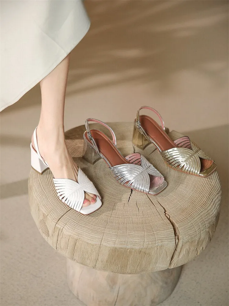 xiangtuibao NEW Summer Women Shoes Square Toe Thin Heel Women Sandals Cow Leather High Heels Solid Party Shoes Lattice Cloth Shoes for Women