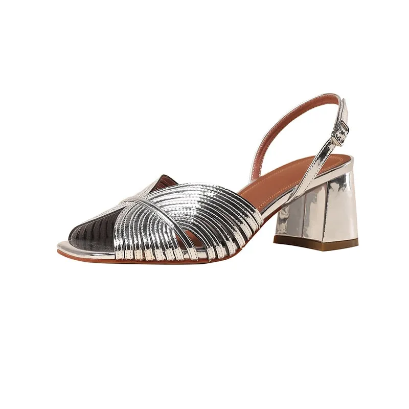 xiangtuibao NEW Summer Women Shoes Square Toe Thin Heel Women Sandals Cow Leather High Heels Solid Party Shoes Lattice Cloth Shoes for Women