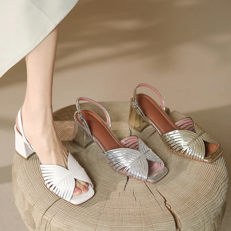 xiangtuibao NEW Summer Women Shoes Square Toe Thin Heel Women Sandals Cow Leather High Heels Solid Party Shoes Lattice Cloth Shoes for Women