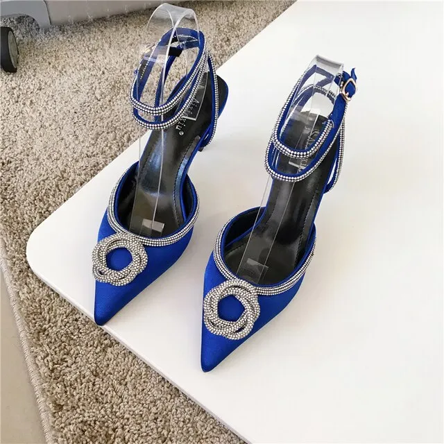 xiangtuibao  Satin Women Sandals Pointed Toe Rhinestone Ladies Sandals Ankle Strap Thin High Heels Party Wedding Sandals Dress Shoes Woman