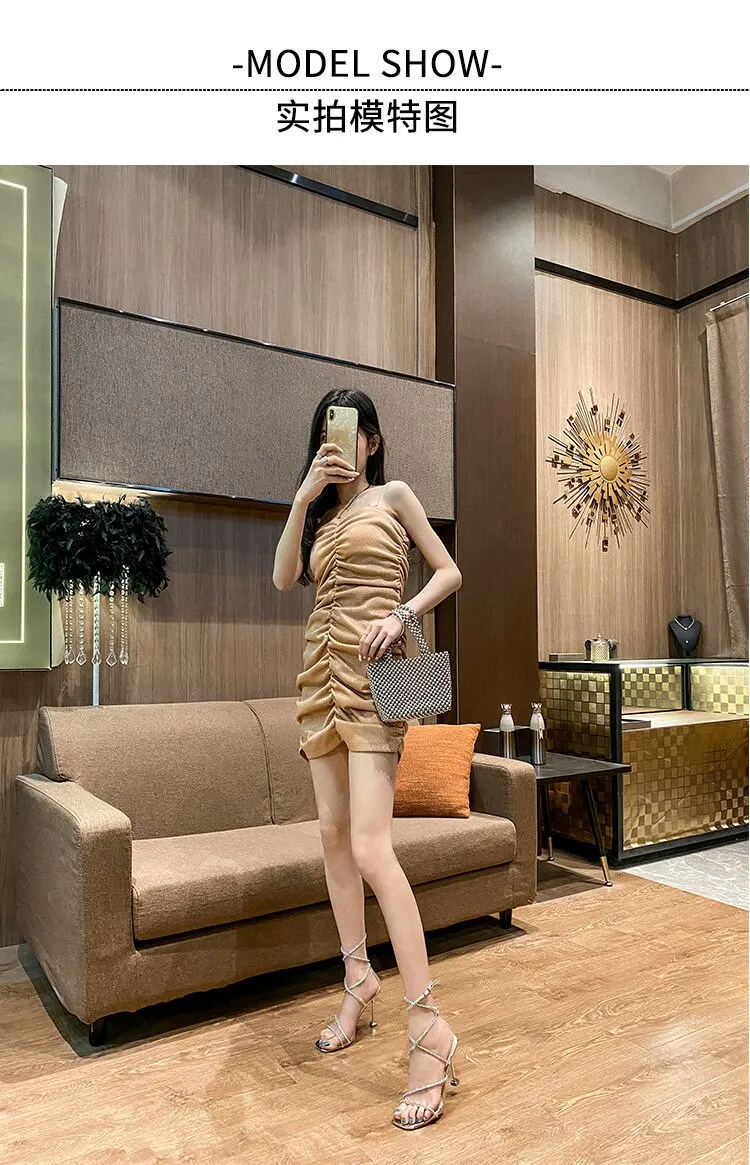 xiangtuibao Square head thin heel strap  summer new versatile silver thin ribbon diamond sandals women's Fairy fashion high heels