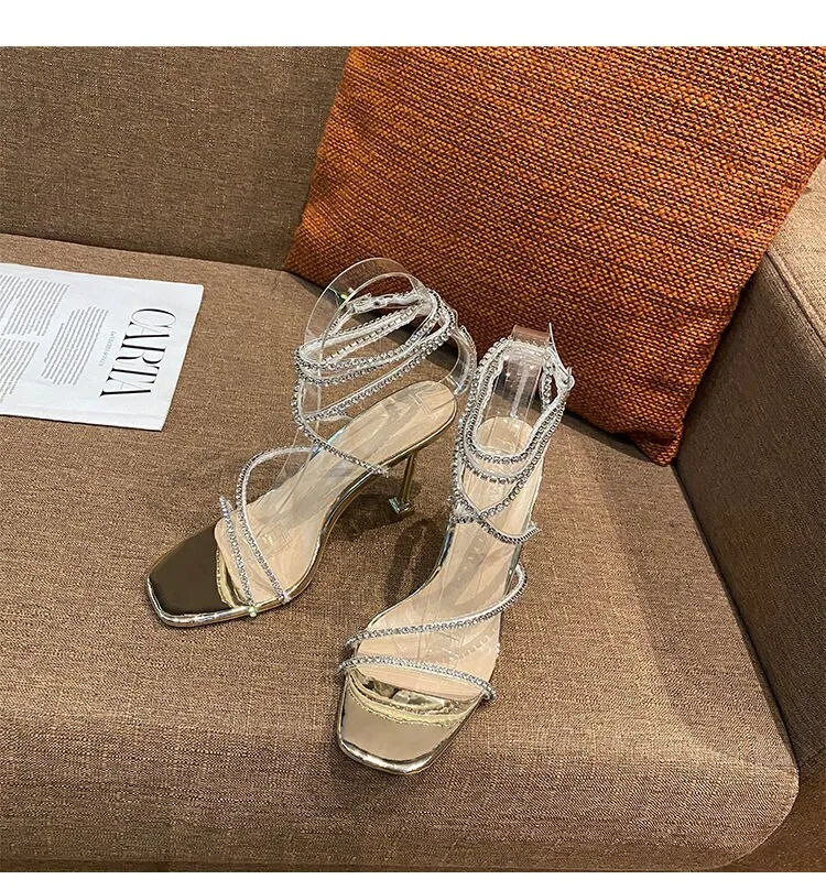 xiangtuibao Square head thin heel strap  summer new versatile silver thin ribbon diamond sandals women's Fairy fashion high heels