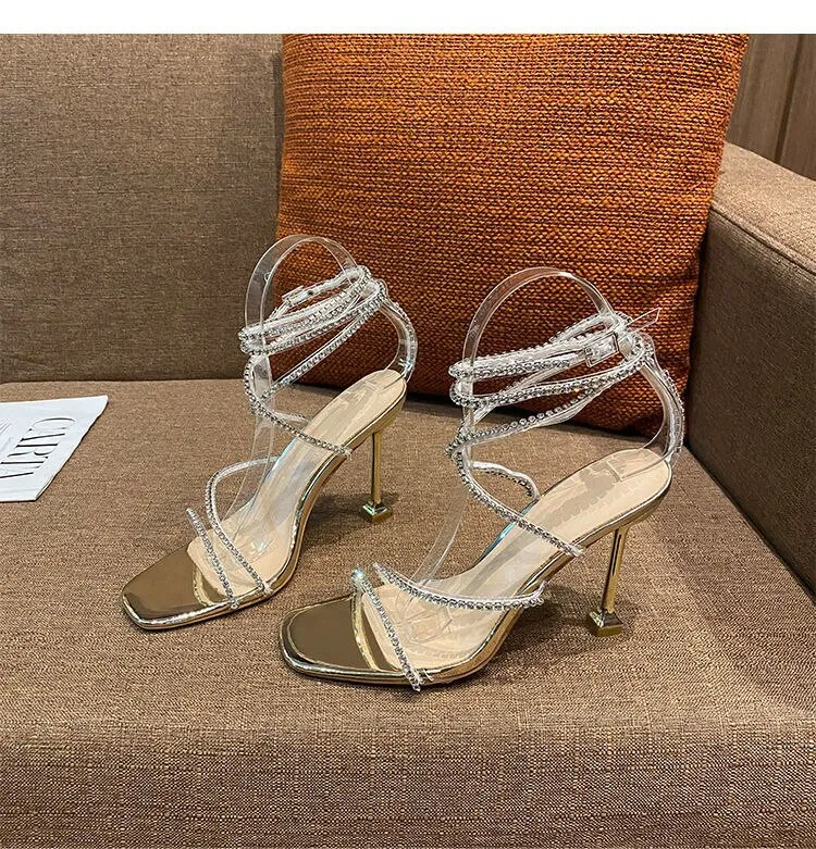 xiangtuibao Square head thin heel strap  summer new versatile silver thin ribbon diamond sandals women's Fairy fashion high heels