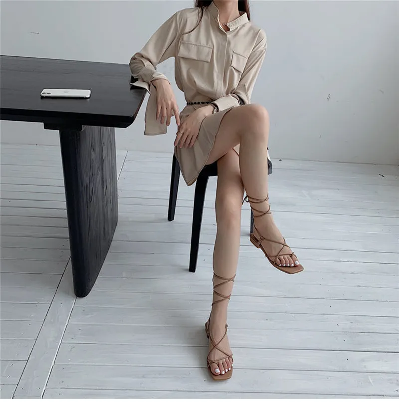 xiangtuibao Summer Women Sandal Fashion Square Toe Flats Heel Lace Up Gladiator Sandal Outdoor Dress Narrow Band Shoes